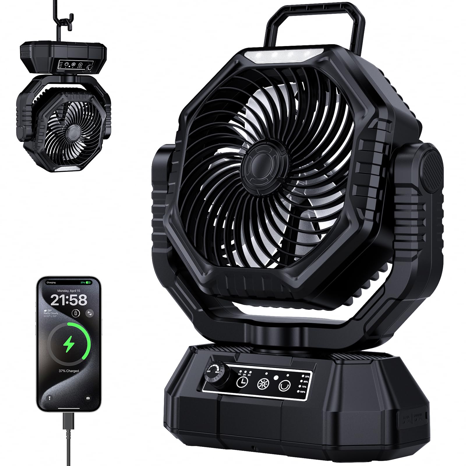 Photo 1 of AJVV Campin Fan Dual Motor Rotation High Wind Black | Portable Fans Rechargeable with LED Light, 20000mAh, Remote Control, 13 Speeds for Indoor, Outdoor, Home, Tent, Fishing, Camping
