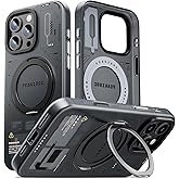 PEAKZOOC Case for iPhone 16 Pro for Men, Magnetic Grip, 360° Rotating Stand, Drop Protection, Camera Button Support, Matte Translucent Black with Silicone Edges, SD & SIM Card Storage