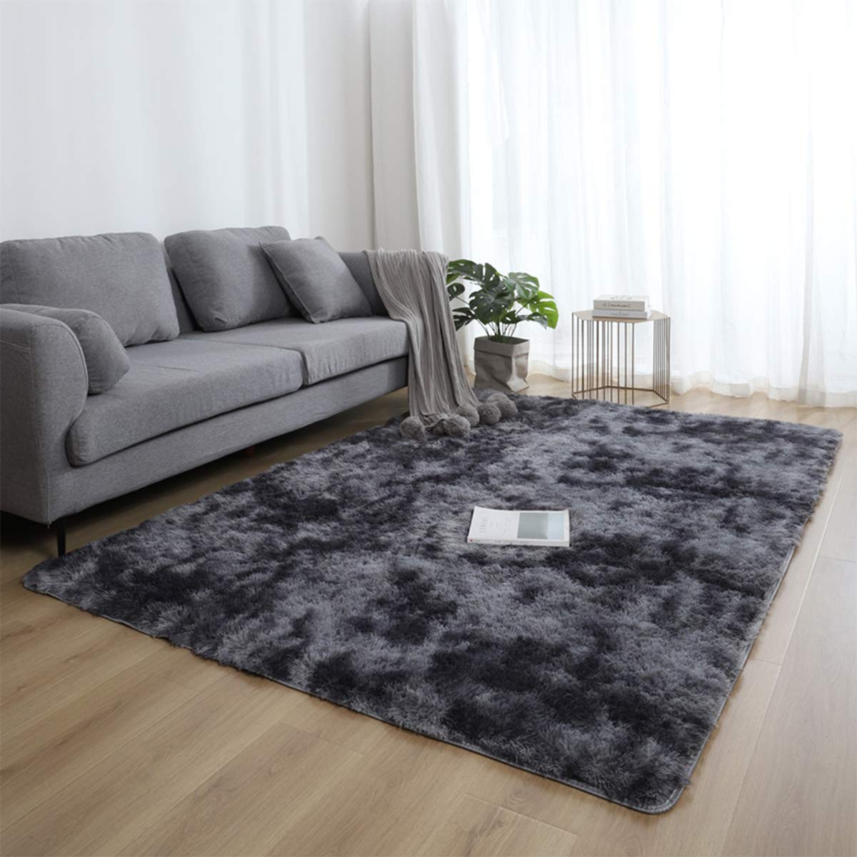 JURLEA Rugs Living Room - Modern Soft Fluffy Shaggy Rugs for Bedroom Nursery Bedside Large Non-Slip Plush Area Rug Carpet Home Decor (Black Grey, 120 x 160 cm)