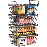 Wrrlors Freezer Organizers Bins, Black, 4 Pack | Stackable, Food Baskets