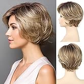 SEVENCOLORS Short Blonde Wigs for White Women Layered Wavy Pixie Cut Wig with Bangs Synthetic Hair Blond Highlights Wigs Natural Looking