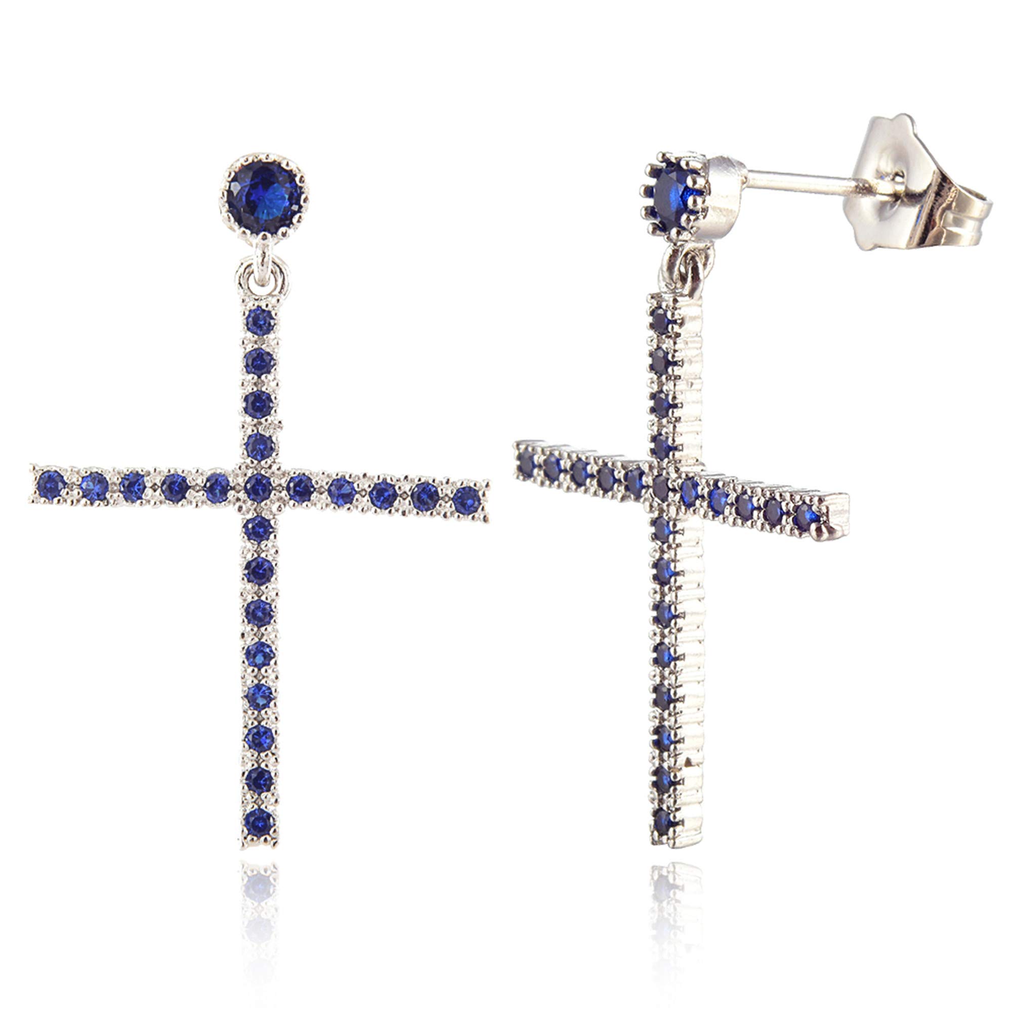 [RIZILIA CROSS] Dangle Drop Pierced Earrings with Round Cut Gemstones CZ [Blue Sapphire] in 18K White Gold Plated, Simple Modern Elegant — image 1