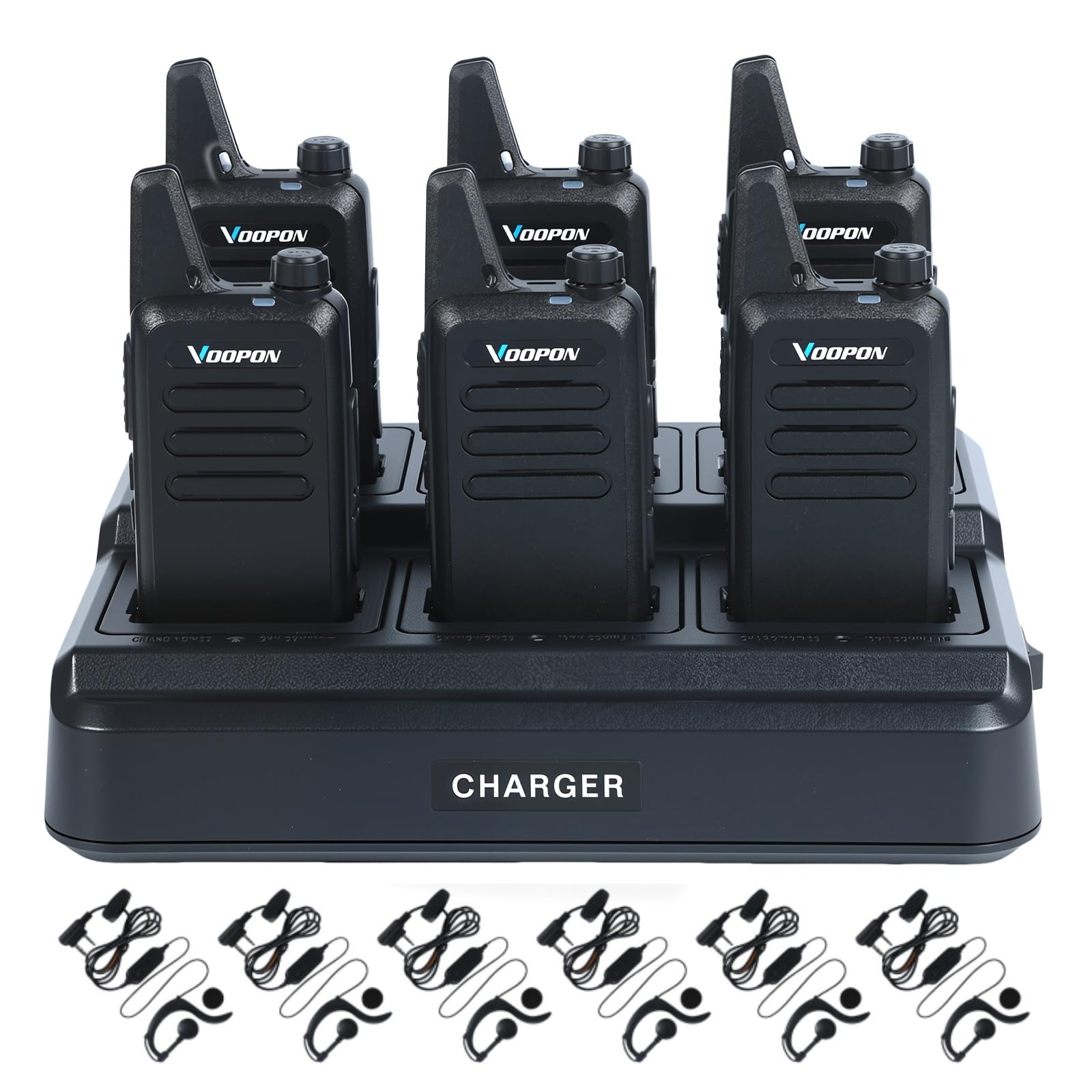 Photo 1 of Voopon Rechargeable Walkie Talkies for Adults 22 FRS Channels Two-Way Radios with Earpieces 6 Way Multi Unit Gang Charger Long Range VOX Transceivers for Business Company Camping Church Shop (6 Pack)