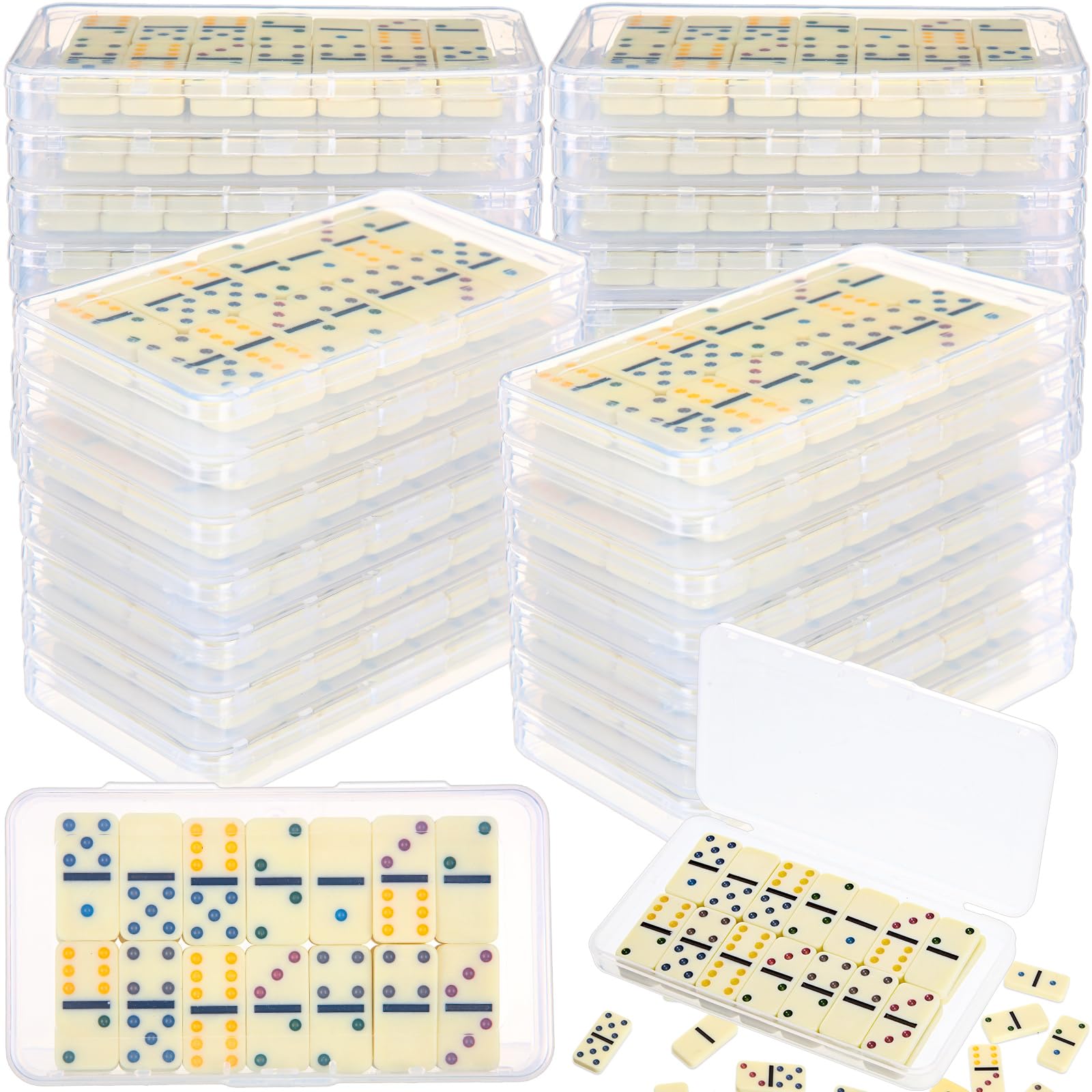Photo 1 of Foilswirl 24 Pack Mini Domino Game Set Bulk Double 6 Dominoes 28 Pieces Tile Colored Dots Domino Game with Clear Plastic Box Family Board Games Party Favor Travel Box Educational Toys for Adults