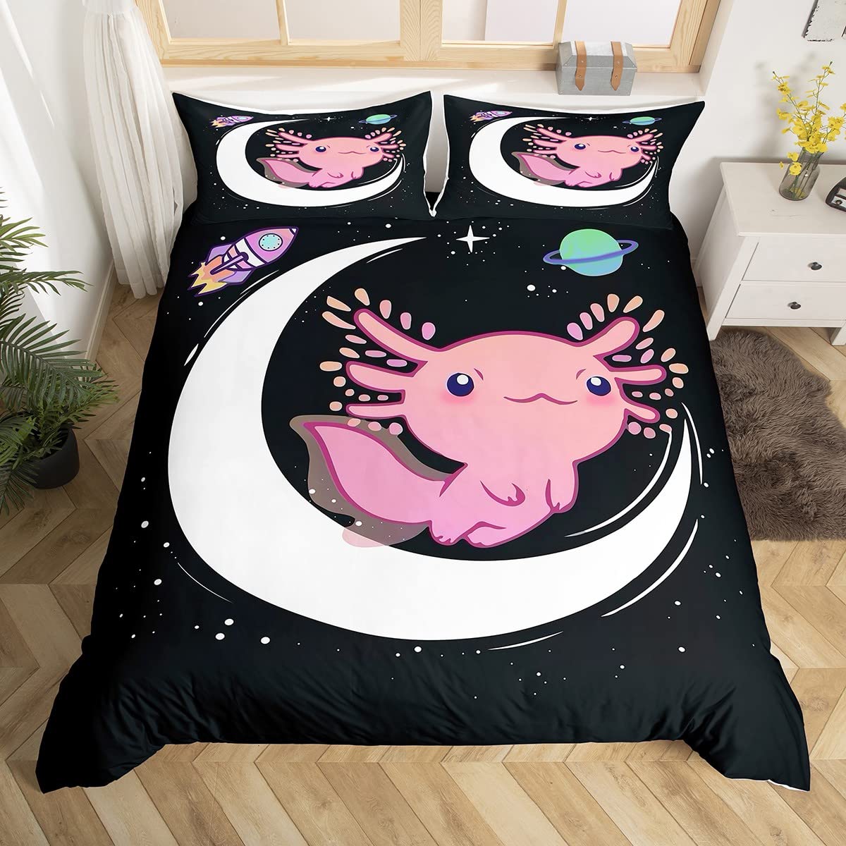 Girls Axolotl Bedding Set for Bed Kids Cartoon Space Salamander Duvet Cover for Boys Girls Teens Kawaii Ocean Sea Life Axolotl Bedding King Lovely Reptile Animal Decor