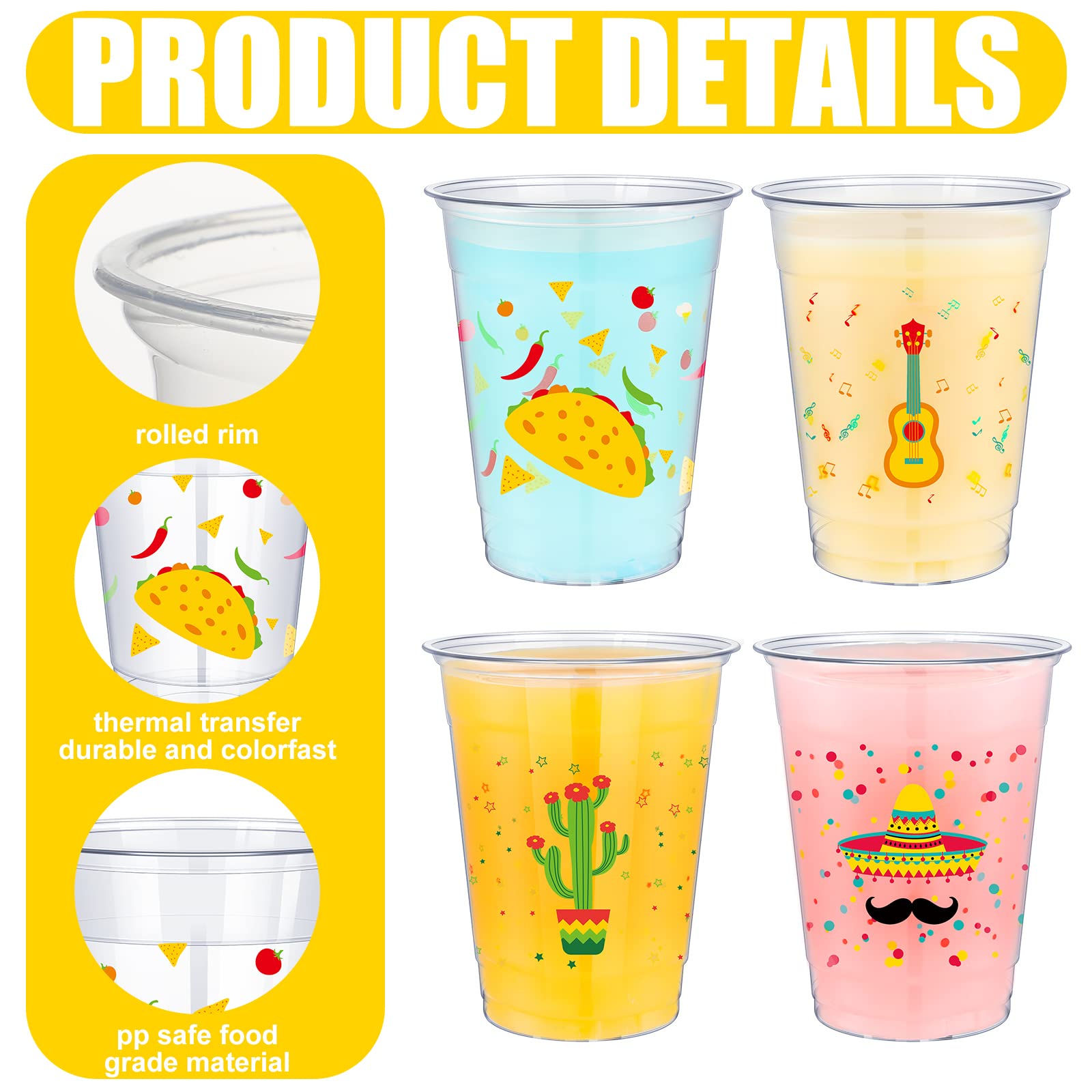 meekoo 100 Pack 12 oz Fiesta Cups Plastic Mexican Cups Clear Disposable Mug Cinco De Mayo Party Decorations for Fiesta Taco Birthday Party Drinkware Supplies, 4 Styles