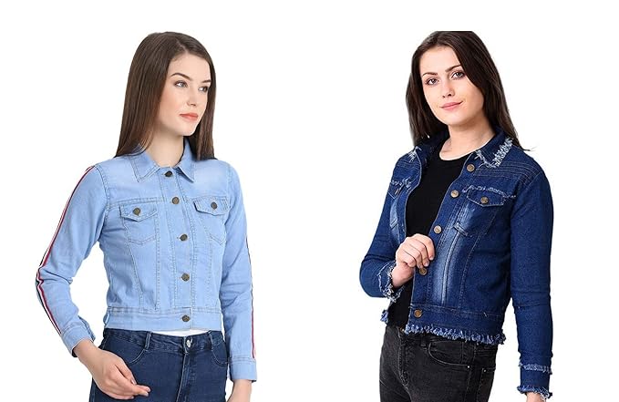 light blue jean jacket with dark blue jeans