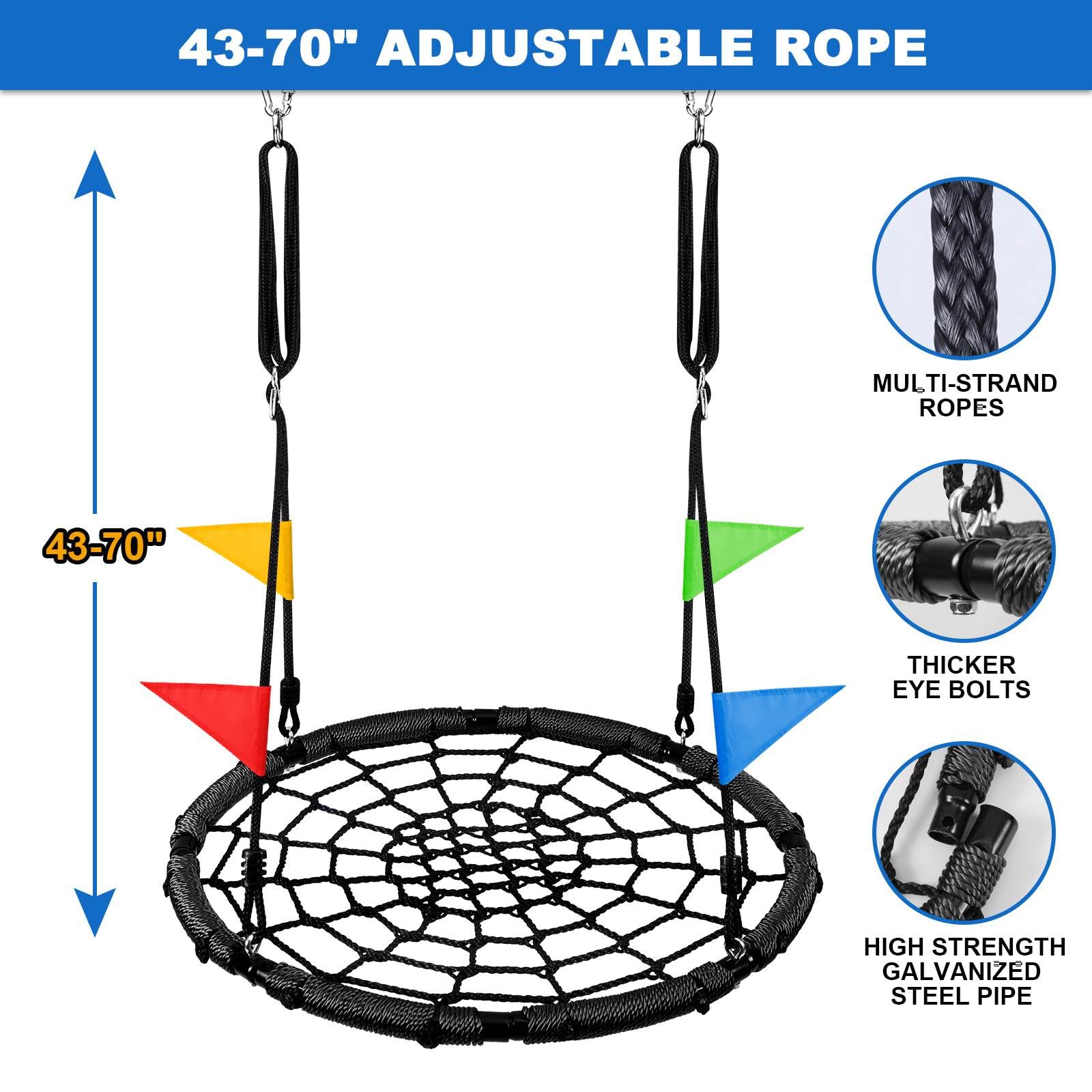 Odoland Spider Web Tree Swing for Kids and Adult, Outdoor Saucer Net Round Swing with Steel Frame and 2 Hanging Straps and Turnbuckle - 43in Large Platform for Backyard Park Travel
