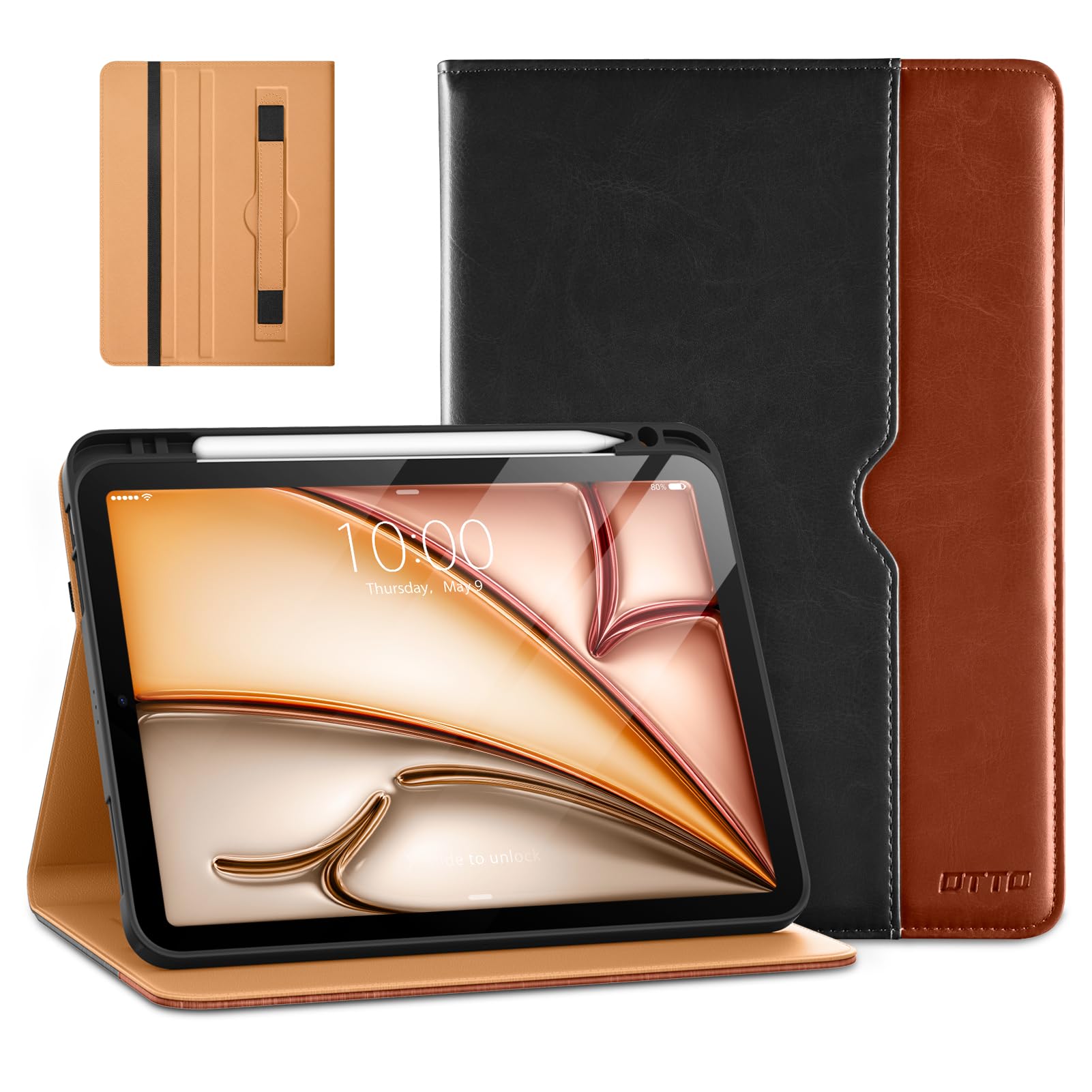 DTTO for iPad Air 5th Generation Case (2022) / iPad Air 4th Generation Case (2020) 10.9 Inch, Premium Leather Business Folio Stand Cover with Pencil Holder [2nd Pencil Charging], Black Brown