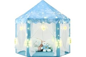 KIXINWA Frozen Princess Tent for Girls, Kids Play Tent with LED Large Snowflake Lights, Castle Playhouse Tent for Children Toddlers Indoor Outdoor Games, 55×53 Inches