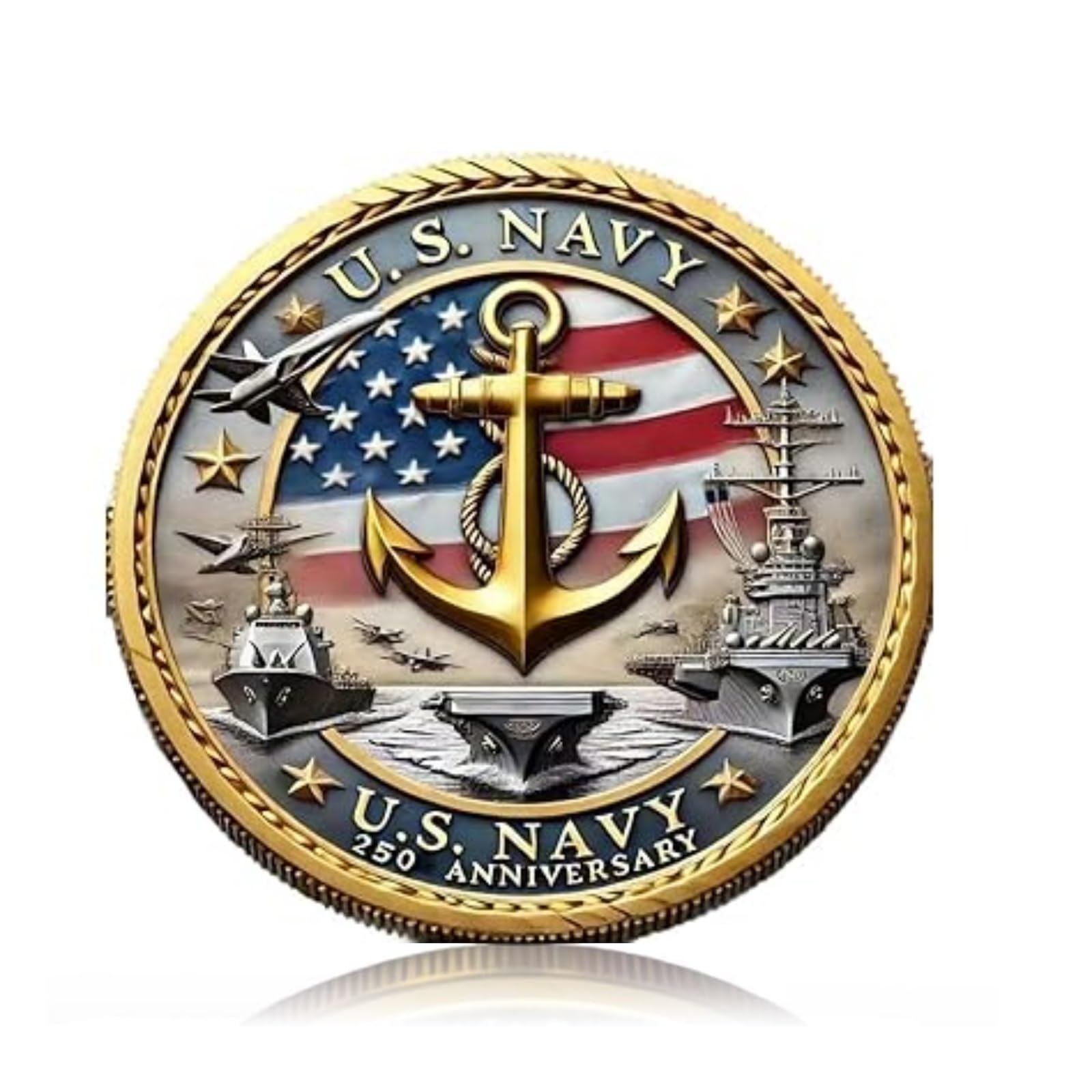 Photo 1 of 250th Anniversary U.S. Armed Forces Commemorative Coin - Patriotic Military Collectible with Engraved Service Branch Insignia?Patriotic Marine Corps Collectible (Navy)