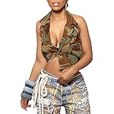 LETSVDO Women's Sexy Camo Halter Vest Backless Sleeveless Lapel V Neck Button Down Jean Crop Tank Top
