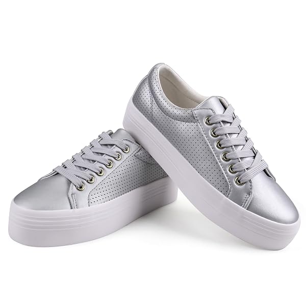 JABASIC WOMEN PLATFORM SNEAKERS BREATHABLE CASUAL LACE UP FASHION WALKING SHOES (6,SILVER)