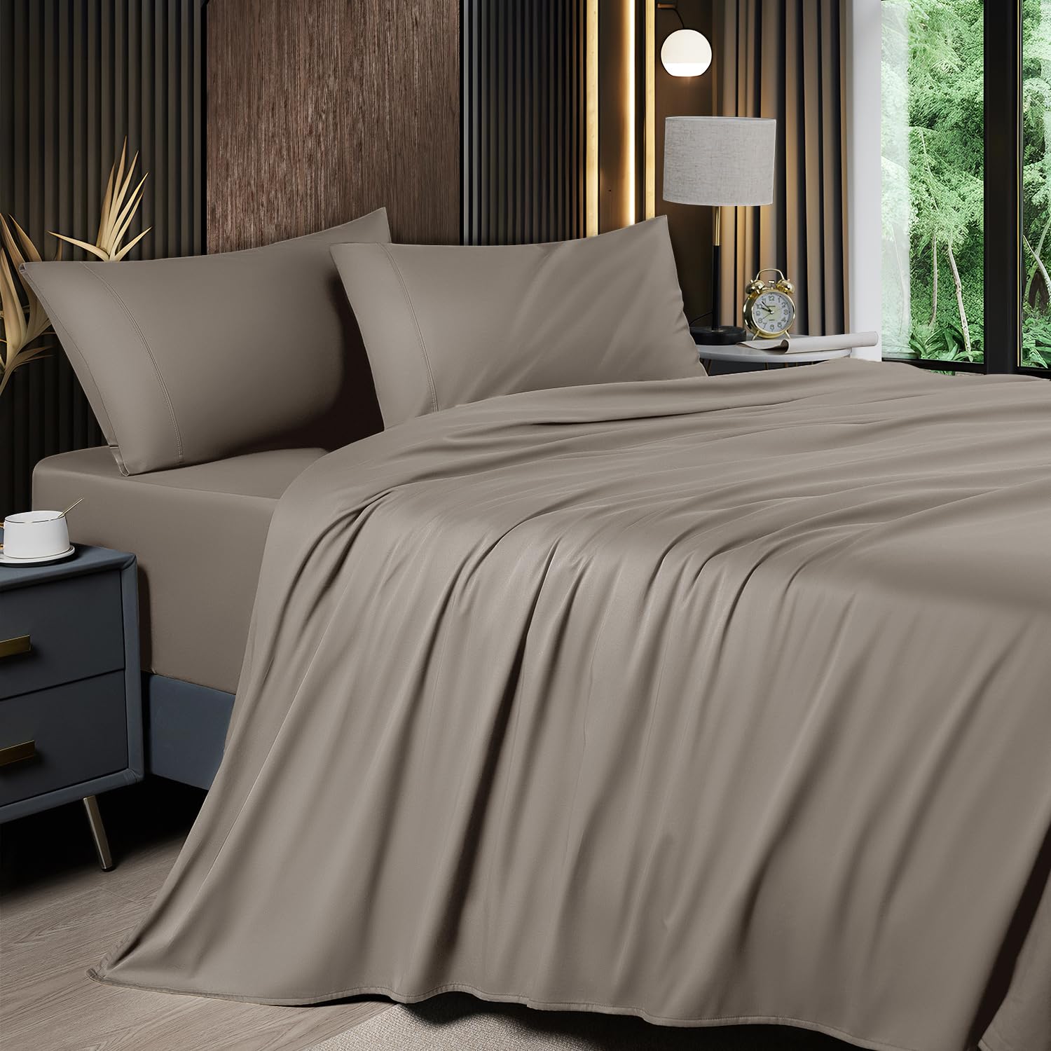 Photo 1 of Shilucheng 4 Piece Queen Sheet Sets, Cooling Sheets, Blend Rayon Derived from Bamboo, Deep Pocket Up to 16", Breathable & Soft Bed Sheets, Hotel Silky Bedding Set, Taupe