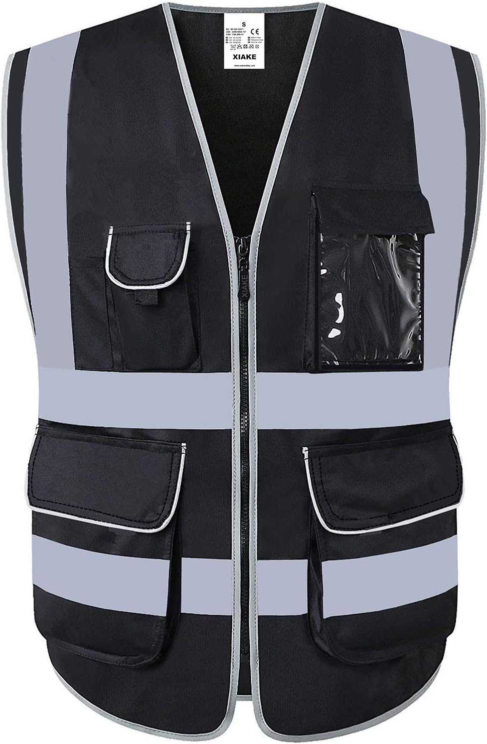 XIAKE 8 Pockets High Visibility Reflective Safety Vest, Zipper Front, ANSI/ISEA Standards, Black, Large - - 