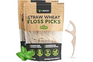 GOECOVITA Dental Floss Picks - Straw Wheat Handle Flossers | Thin & Shred-Resistant Thread for Tight Gaps | Flossers for Adults | Gentle on Gums & Teeth (100 Pack, Mint)
