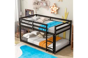 Anwick Twin Over Twin Low Bunk Bed with Stairs and Rails, Wooden Bunk Beds Frame with Safety Guardrail and Slats for Toddlers, Kids, Teens, Boys, Girls, Noise-Free (Espresso)