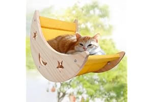 DITOSH Cat Hammock Moon Bed Window Mounted Hammock Strong Suction Cup Shelves and Perches Solid Wood Furniture Platforms Beds Hanging for Cats and Kitty Easy Installation Single Moon