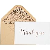 CHRIZ.Z Thank You Cards - Blank 50 Pack White Cards with Rose Gold Foiled Thank You Printed with 52 Foil Embossed Kraft Envelopes 4" x 6" - for Wedding Bridal Shower Baby Shower Birthday Party