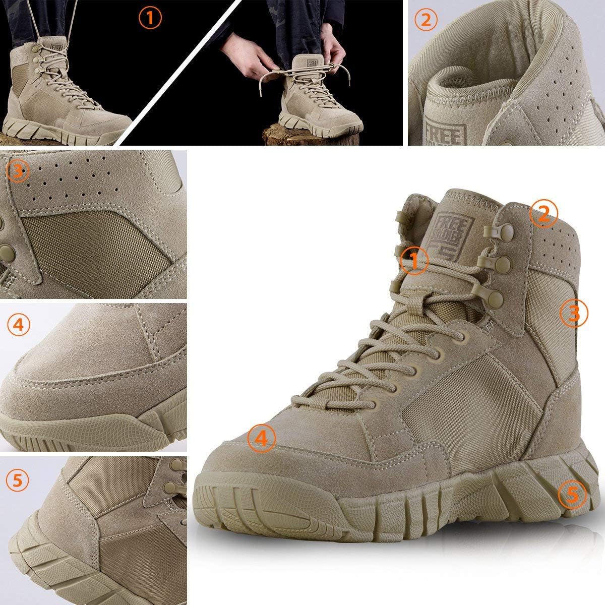 FREE SOLDIER Men's Tactical Boots 6 Inches Lightweight Breathable Military Boots for Hiking Work Boots: Sports & Outdoors