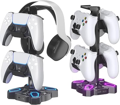 KDD Gaming Headset Stand Holder w/ 9 RGB Light Modes, 2 USB, Type-C, 3.5mm Port