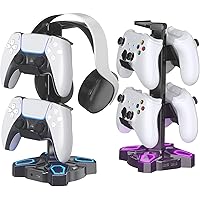 KDD Gaming Headphones Stand, Rotatable Headset Stand with 9 Light Modes - Controller Holder with 2 USB Charging Ports and 3.5