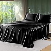 Sasttie Satin Sheets King - 4 Pieces Luxury Soft Black Silky Bed Sheets Set with Pillowcases - Smooth Silk-Like Satin Fabric, Reinforced 14 Inches Pocket, Oeko-Tex Certified