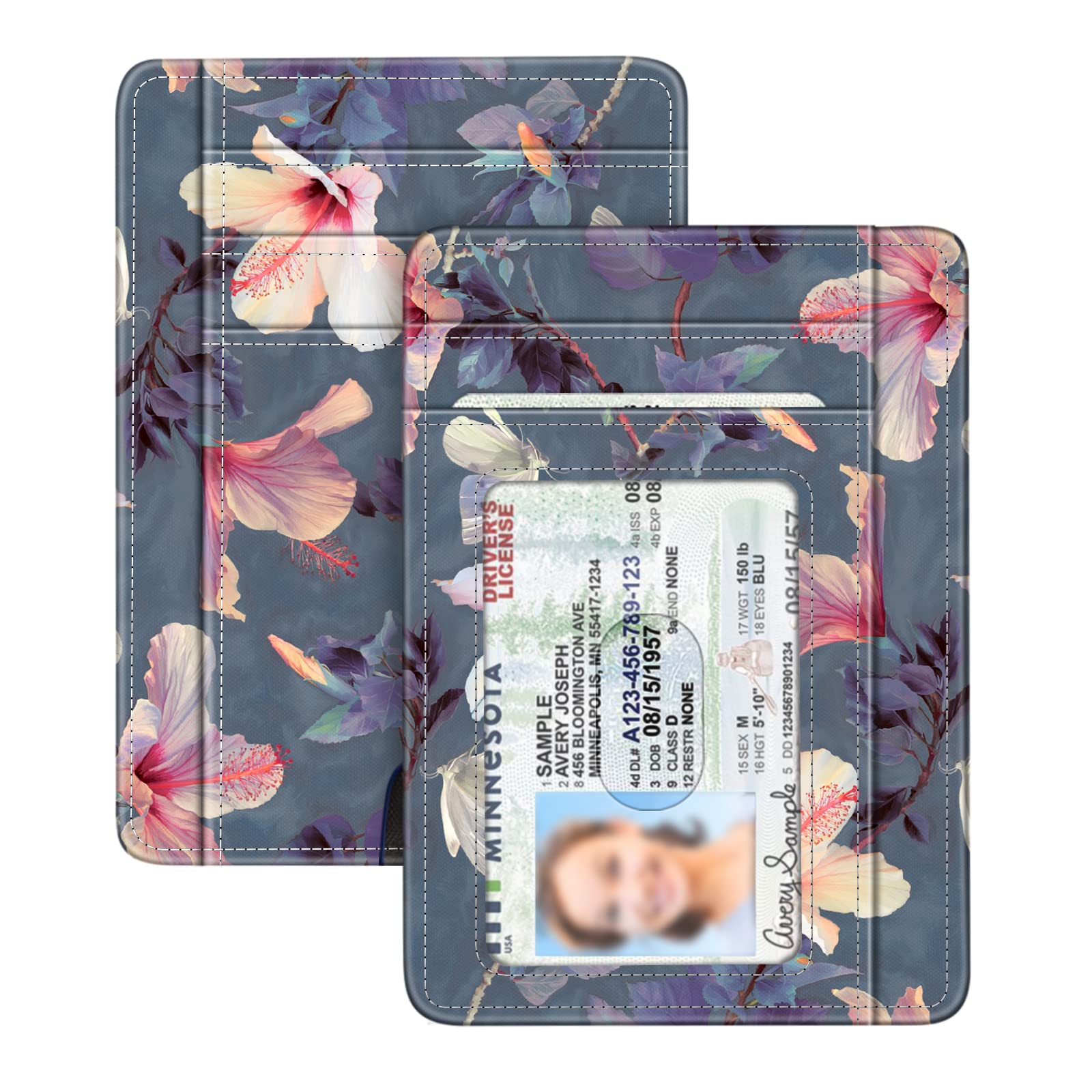 FINTIE Slim Minimalist Front Pocket Wallet, RFID Blocking Credit Card Holder Card Cases with ID Window for Men Women, (Blooming Hibiscus)