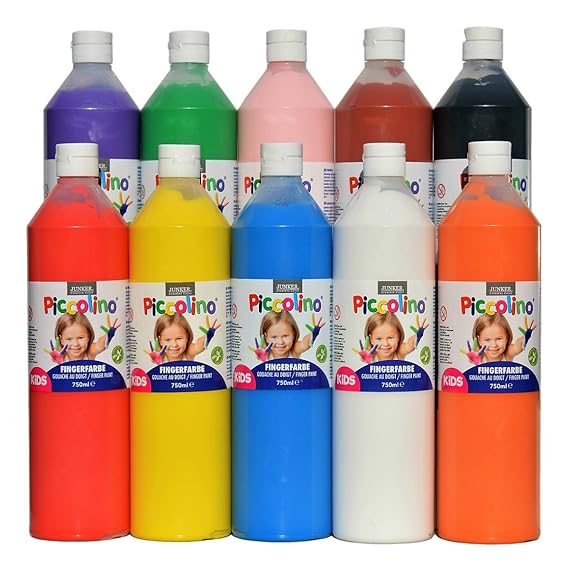 PICCOLINO Fingerfarben Set - 10 Flaschen à 750ml (880g): rot, gelb, orange, rosa, violett, blau, grün, braun, schwarz, weiß