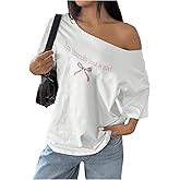 RoseSeek Women's Oversized Off Shoulder Graphic Tees Short Sleeve Bow Letter Print T Shirts Y2K Tops
