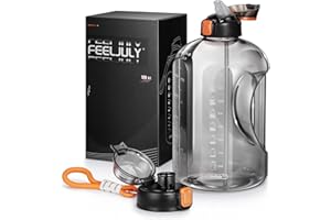 Feeljuly 1 Gallon Water Bottle with Straw, 128 oz Large Bottles Times to Drink, Reusable Leak Proof Jug Handle, 2 Lids BPA Free Big Sports for Fitness Gym Camping Grey