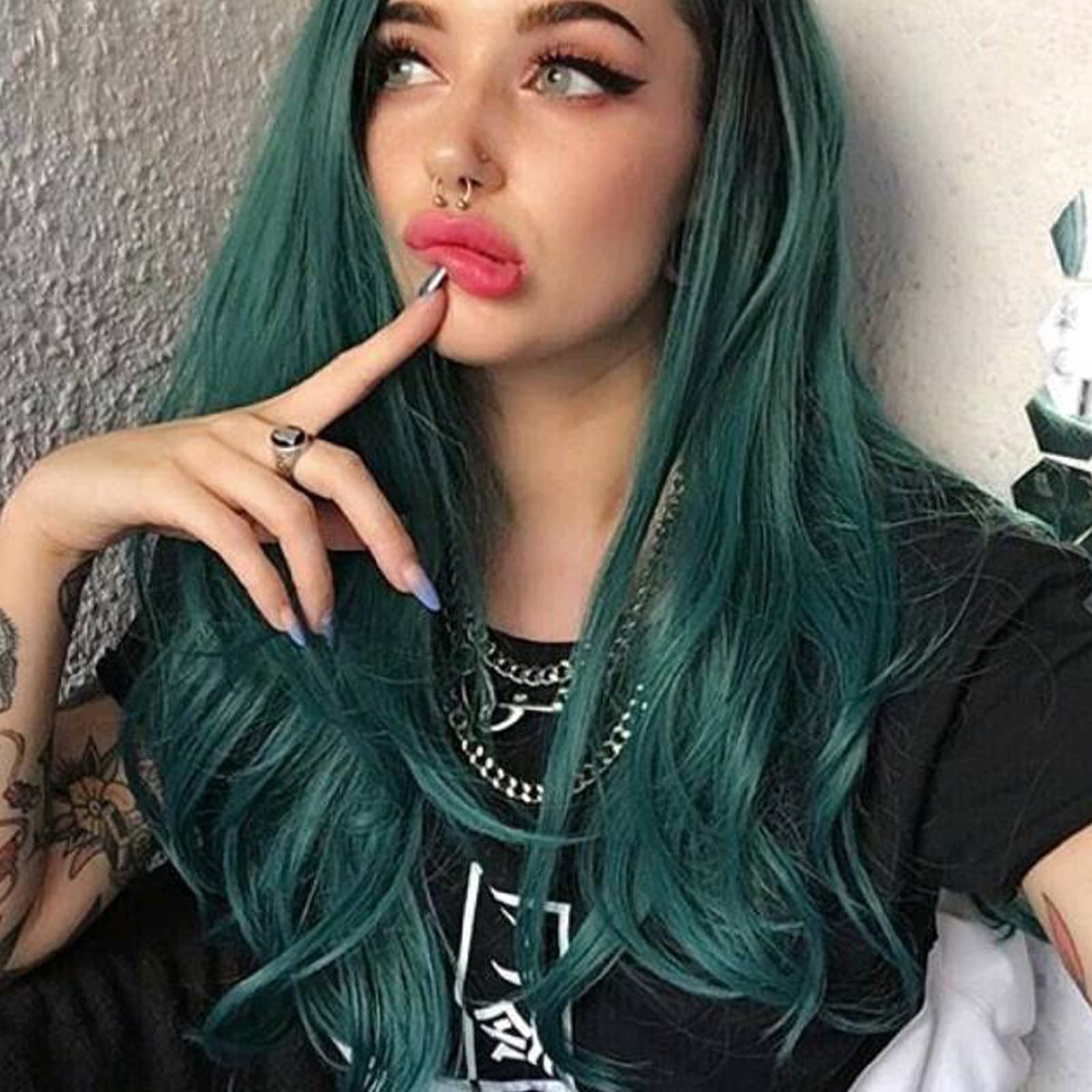 Green Lace Front Wigs for Women Long Body Wave Ombre Black Green Wig Real Hairline Glueless Synthetic Heat Resistant Fiber Hair Replacement Wig Summer Costume Cosplay Daily Makeup 24 Inch