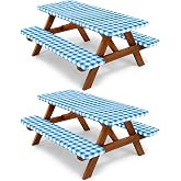 HNPSTBNO 2 Pack Picnic Table and Bench Cover Set 6FT Blue Checked | Waterproof &amp; Stain Resistant, 2 Table Covers + 4 Bench Covers, with Elastic Edges, for Outdoor Camping BBQ Picnic