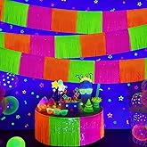 Mega-L Glow in The Dark Party Supplies, 4 Pack Foil Fringe Garland Birthday Party Decorations 9.8 ft Fluorescent Macaron Orange, Yellow and Fuchsia Metallic Tinsel Banner, Photo Booth Prop Table Skirt
