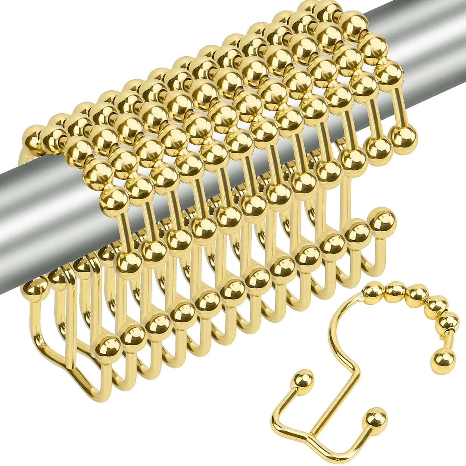 Gidse Shower Curtain Hooks,Sturdy Stainless Steel Double Sided Shower Hooks Rings for Bathroom Shower Curtain Rods Curtains Set of 12 Hooks - Gold