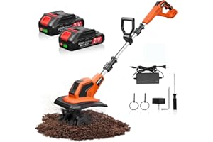 YOFIDRA Cordless Tiller Cultivator, 21V 360RPM Electric Garden Tiller with 2x2.0Ah Battery & Charger, Battery Powered Garden Cultivator, 9" Width, 6.7" Depth, 48 Steel Tines Garden Rototiller for Gardening