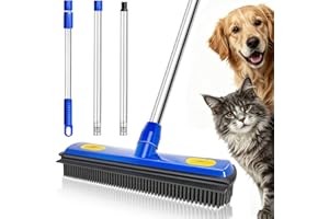 PuriSwiff Rubber Broom for Pet Hair Removal, Buillt-in Squeegee, 58" Stainless Steel Pole, All-in-One Floor Brush Cleaning To