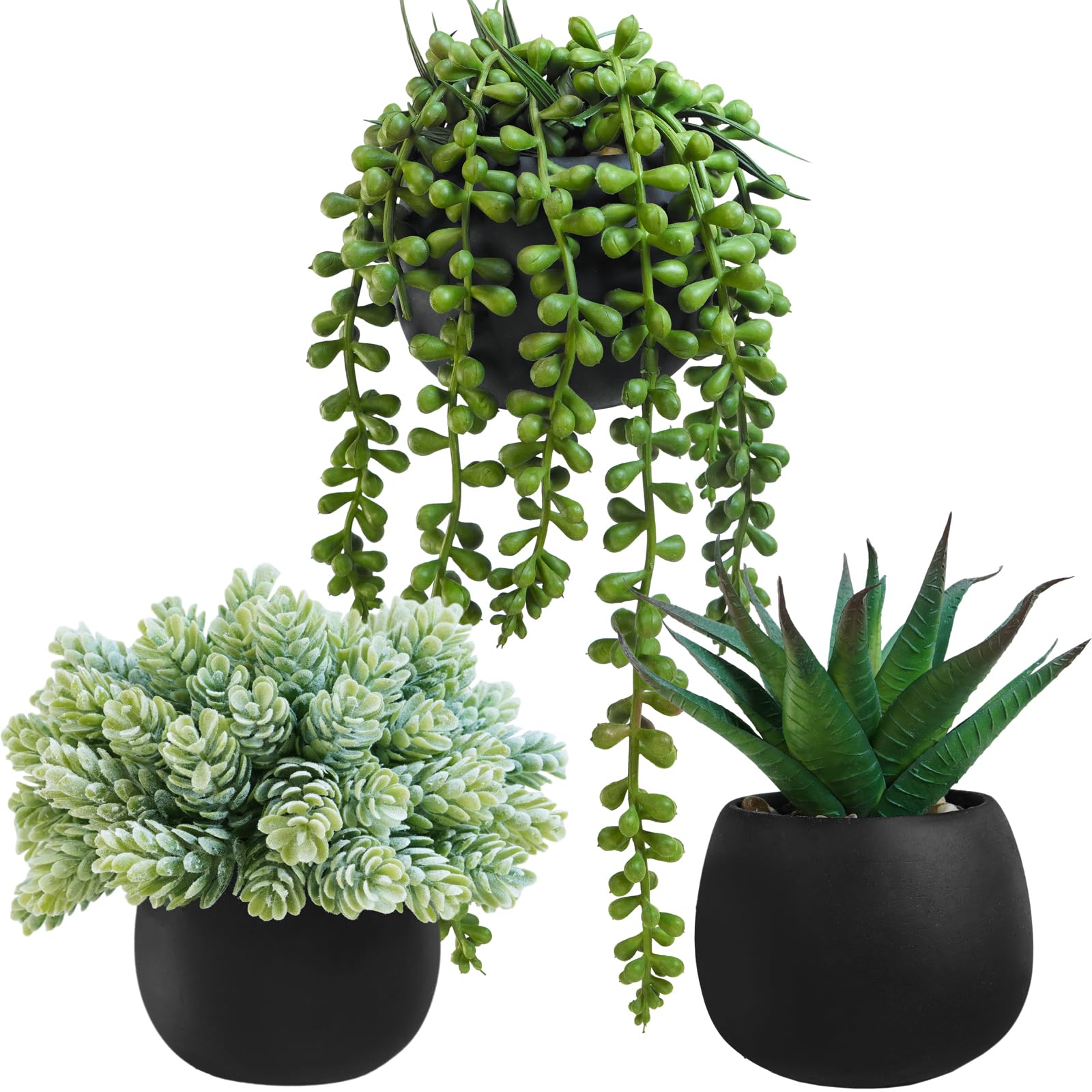 Photo 1 of Winlyn Set of 3 Artificial Succulent Plants in Black Concrete Pots Faux Aloe Hops String of Pearls Potted Plants Small Fake Plants Desk Plants for Home Office Desk Kitchen Bathroom Shelf Windowsill