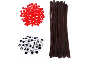 LEFUBABY 600 Pieces Christmas Pipe Cleaners Sets Include 100 Pieces Brown Chenille Stems 200 Pieces Red Pom Poms and 300 Pieces Wiggle Eyes for Crafts DIY Making