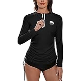 BesserBay Women's UPF 50+ UV Sun Protection Rash Guard Shirt Half Zip Long Sleeve Ruched Tie Side Swim Top Swim Shirt