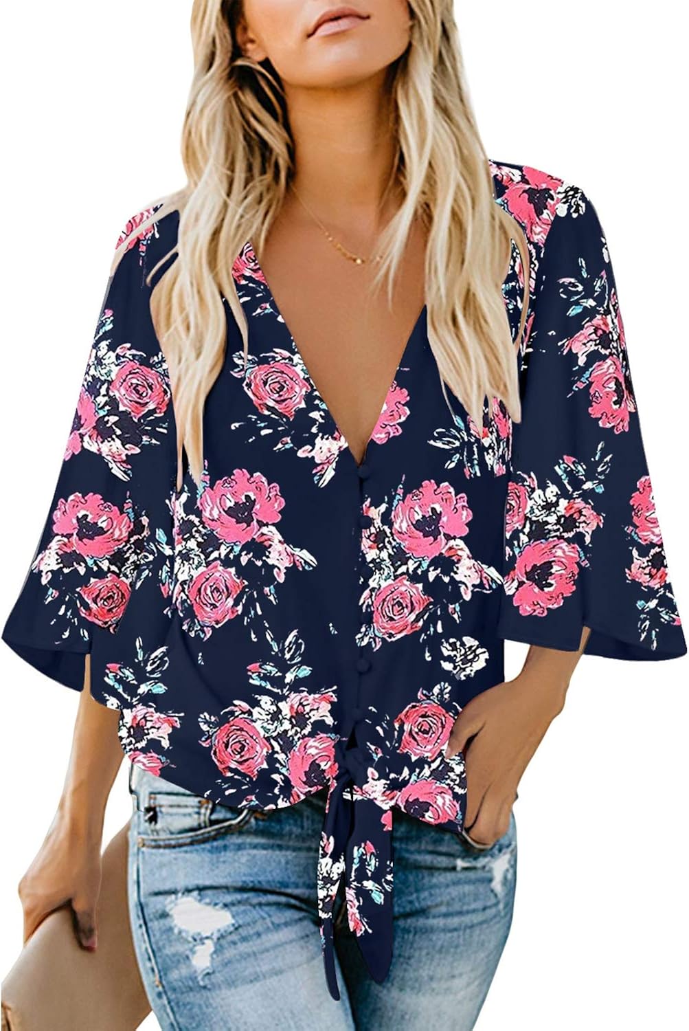 luvamia Women's V Neck Tops Ruffle 3/4 Sleeve Tie Knot Blouses Button Down Shirts at  Women’s Clothing store