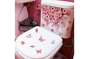 PALEERY@FC Pink Flower Butterfly Toilet Cover Sticker Decals,Flower Leaf Butterfly Waterproof Toilet Lid Tank Seat Decals Cistern Self-Adhesive Bathroom Wall Sticker