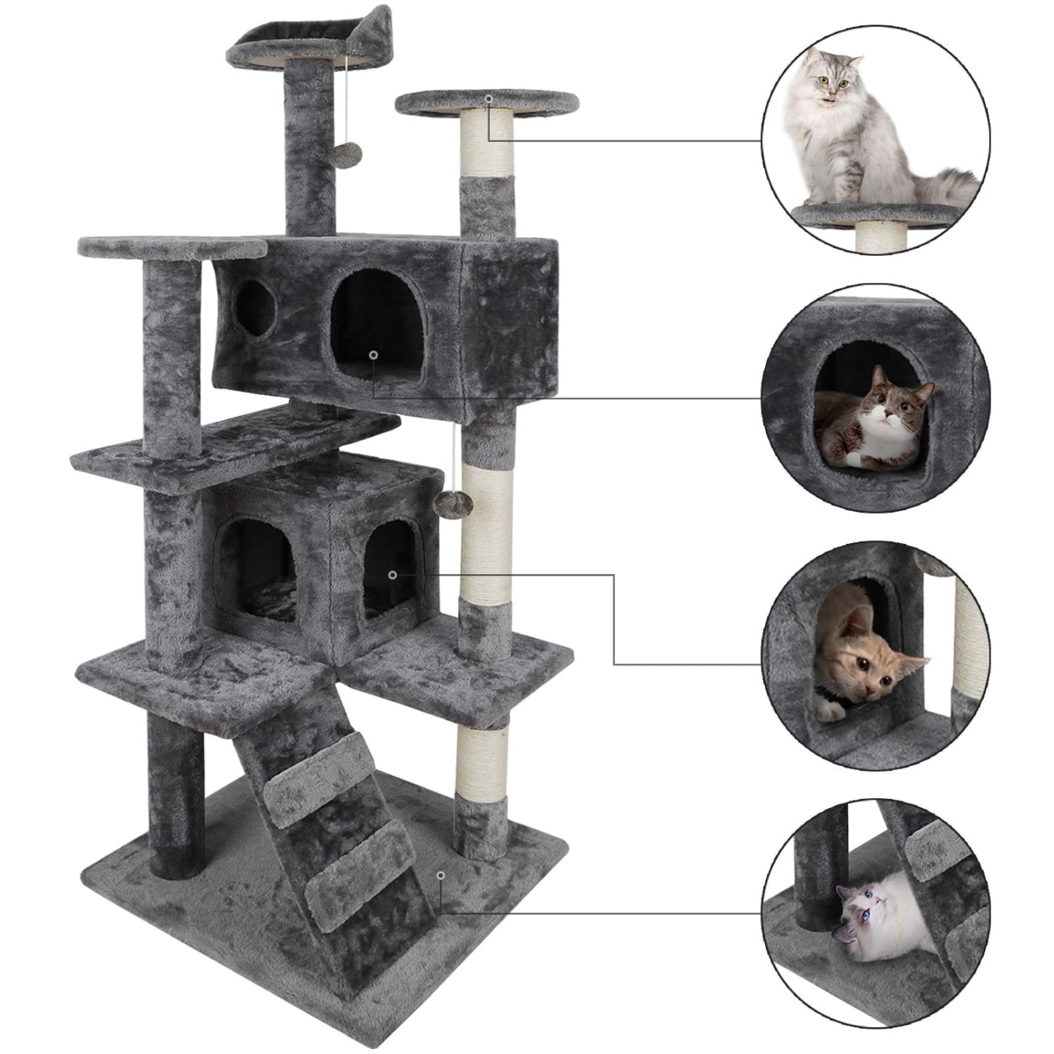 52” Multi-Level Cat Tree Condo Furniture Kitten Activity Play House Bed Pet Kitty Climbing Tower with Scratching Posts/Plush Perch/Scratcher Ladder/Tunnel for Cats,Kittens,Pets