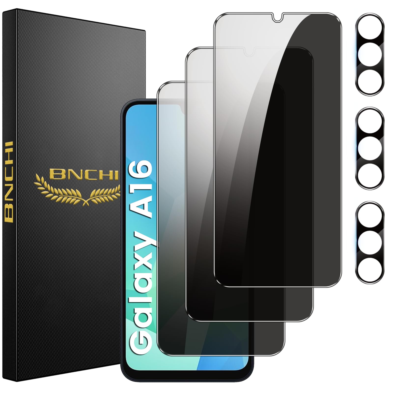 BNCHI 3+3 Pack for Samsung Galaxy A16 5G Privacy Screen Protector with Camera Lens Protector, Anti-Spy Tempered Glass Film, 9H Hardness, Anti-Scratch, Touch Sensitive