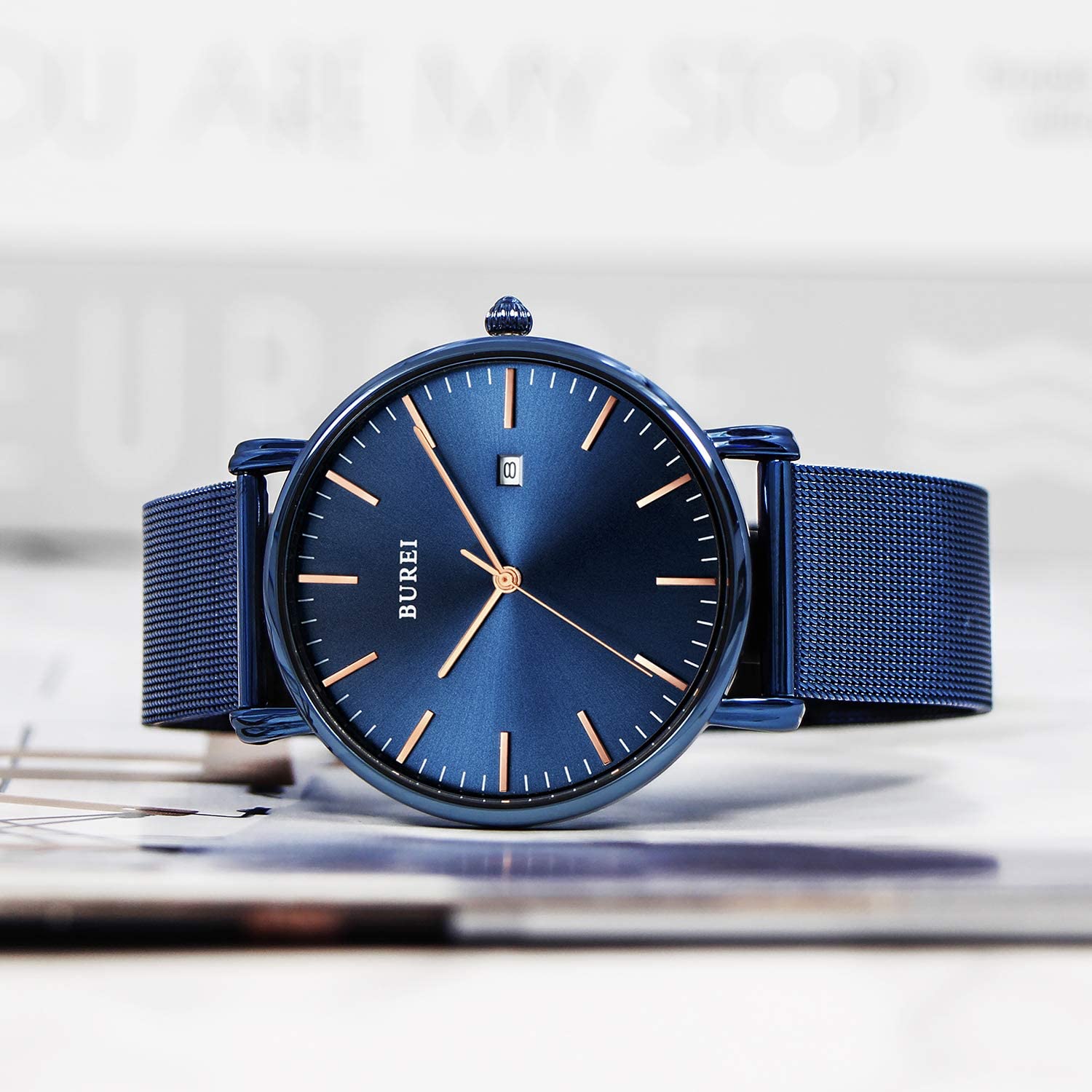 Burei Men's Wrist Watch, Stylish, Minimalist, Ultra Thin Commuter Net Strap, Quartz, Waterproof, Birthday Gift, bule
