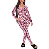 Springcmy Women Valentine's Deep V-Neck Jumpsuit Long Sleeve One Piece Bodycon Romper Pajamas Sleepwear Bodysuit Loungewear