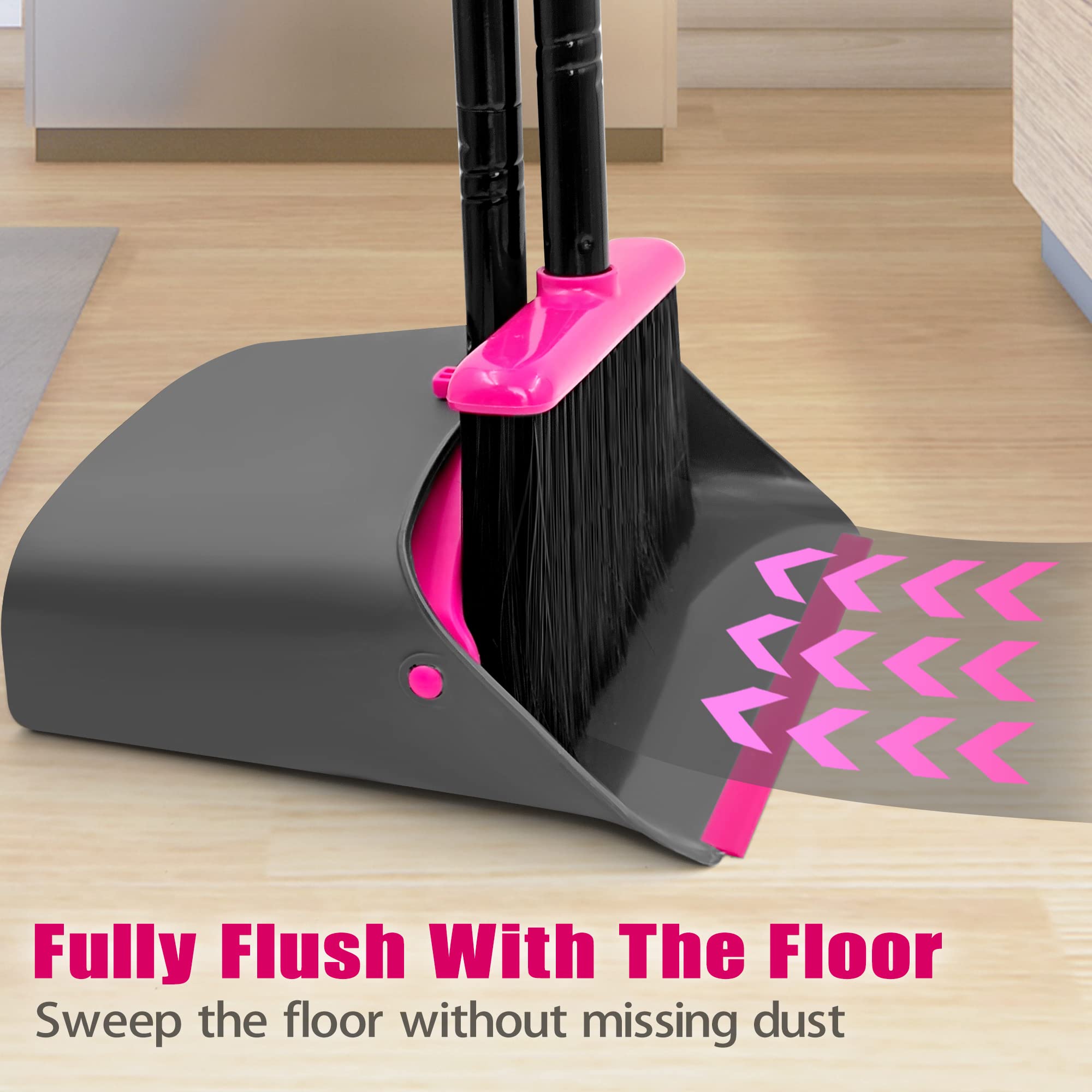 JEHONN Broom with Dustpan Combo Set, Long Handle Lightweight Indoor Broom Set, Upright Standing Dust Pan with Comb Teeth Store Sweep Set for Home Room Kitchen Office Lobby (Rose Red)