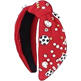 BAHABY Soccer Headbands for Women Crystal Soccer Embellished Wide Top Knot Headband for Women Game Day Hair Accessories (Red)