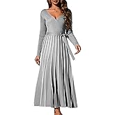 Zoifada Womens 2025 Spring Autumn V Neck Wrap Dress Long Sleeve Tie Waist Ribbed Knit High Waist A Line Casual Midi Dress