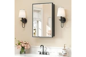 Keonjinn 16" x 24" Black Medicine Cabinets for Bathroom with Mirror Recessed or Surface Wall-Mounted Aluminum Alloy Framed Beveled Mirror, Single Door Metal Bathroom Vanity Mirror with Storage Cabinet